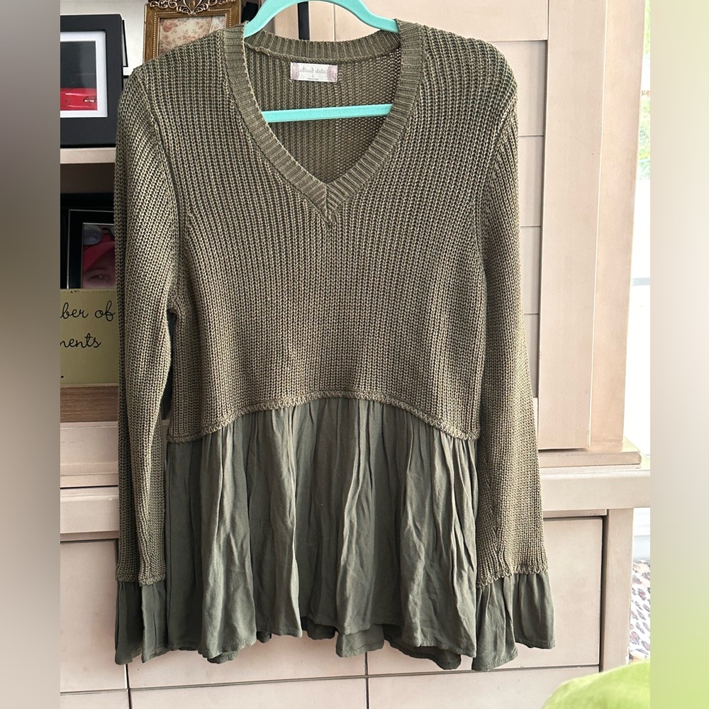 Olive Green Knit and Flowy Top